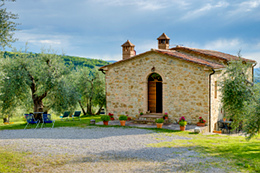 Vista frontale del casale con ulivi ai lati